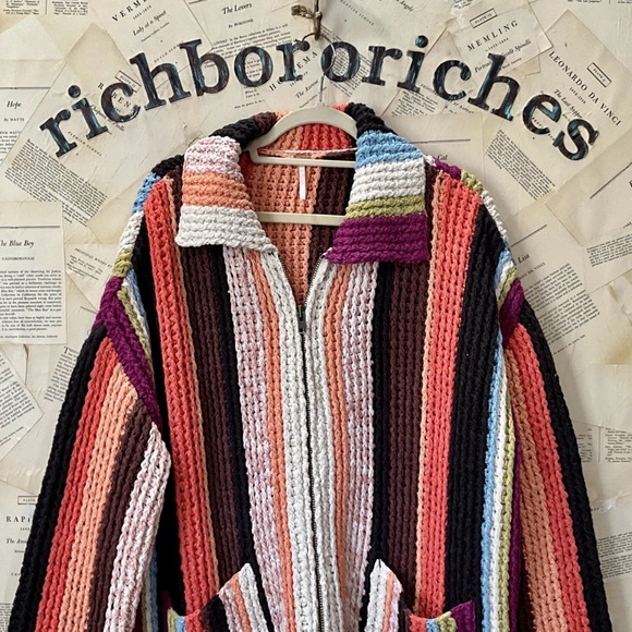 Free Peoplle Everything Cardi Sweater Heavy Weight Striped Zipper Pockets - Picture 7 of 8